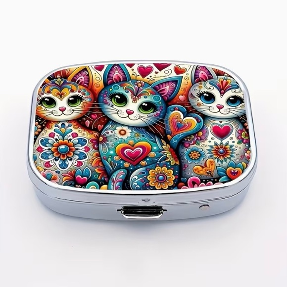 Accessories - Folk Art Cat Animal Inspired Pill Organizer 2-Compartment Compact Pill Case New